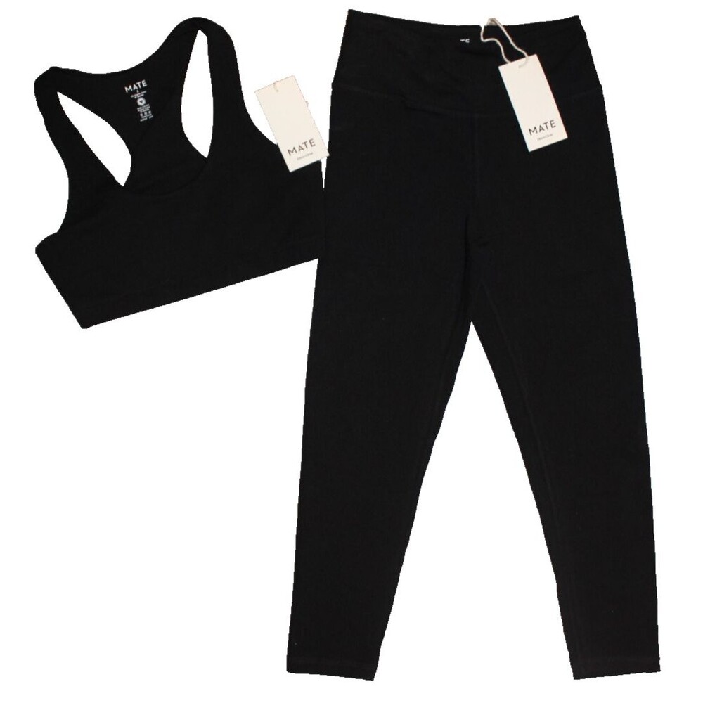 Mate the Label Women Organic Sports Racerback Bra Leggings 2 Pc Set SZ XS BLACK